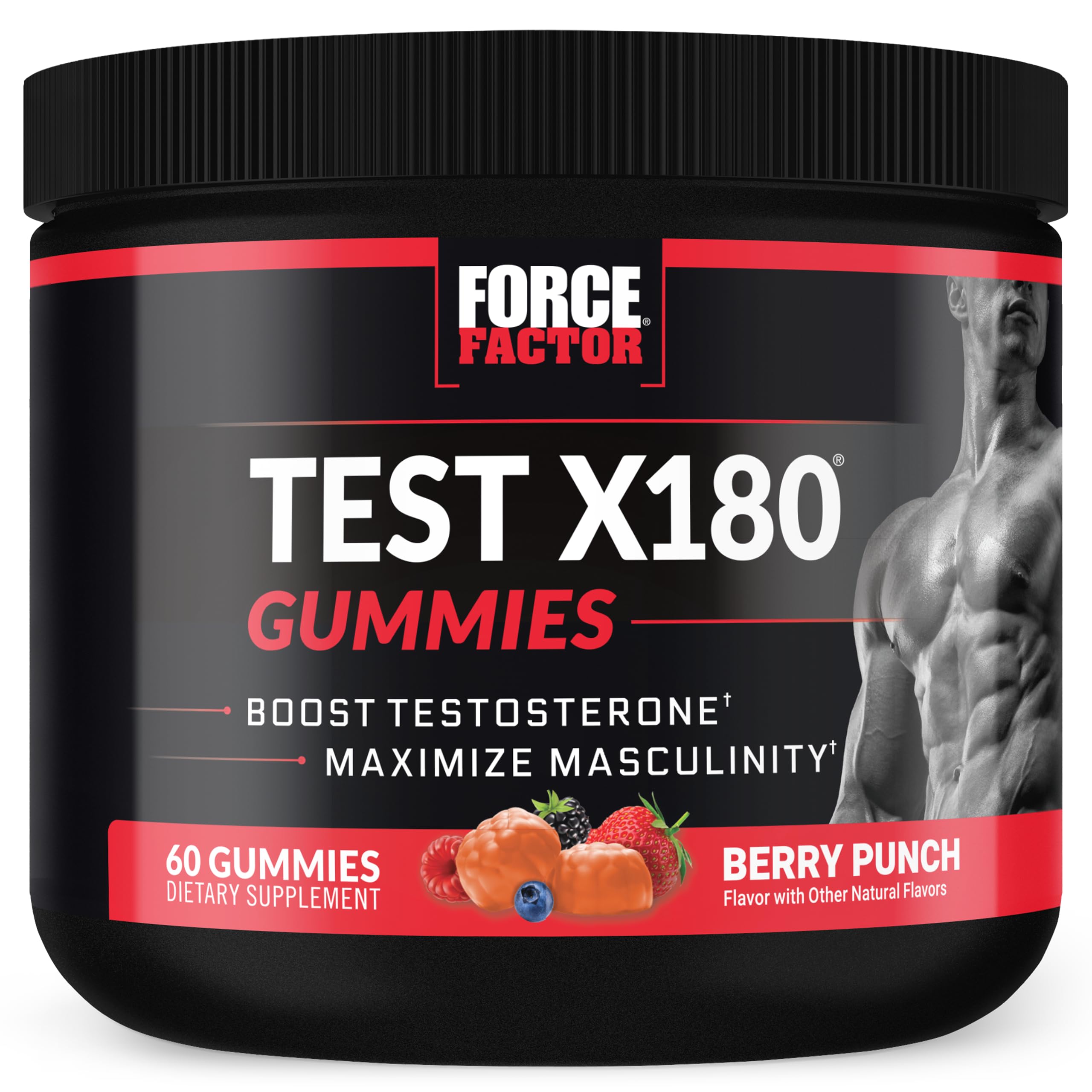 Force Factor envase frontal de Test X180 Gummies mostrando diseño y beneficio práctico