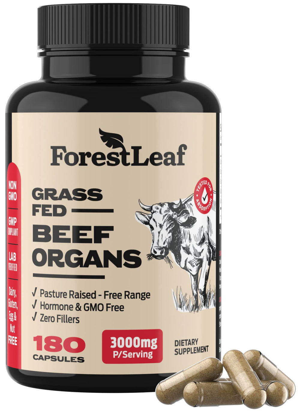 ForestLeaf botella abierta con cápsulas listadas para uso diario y conveniencia