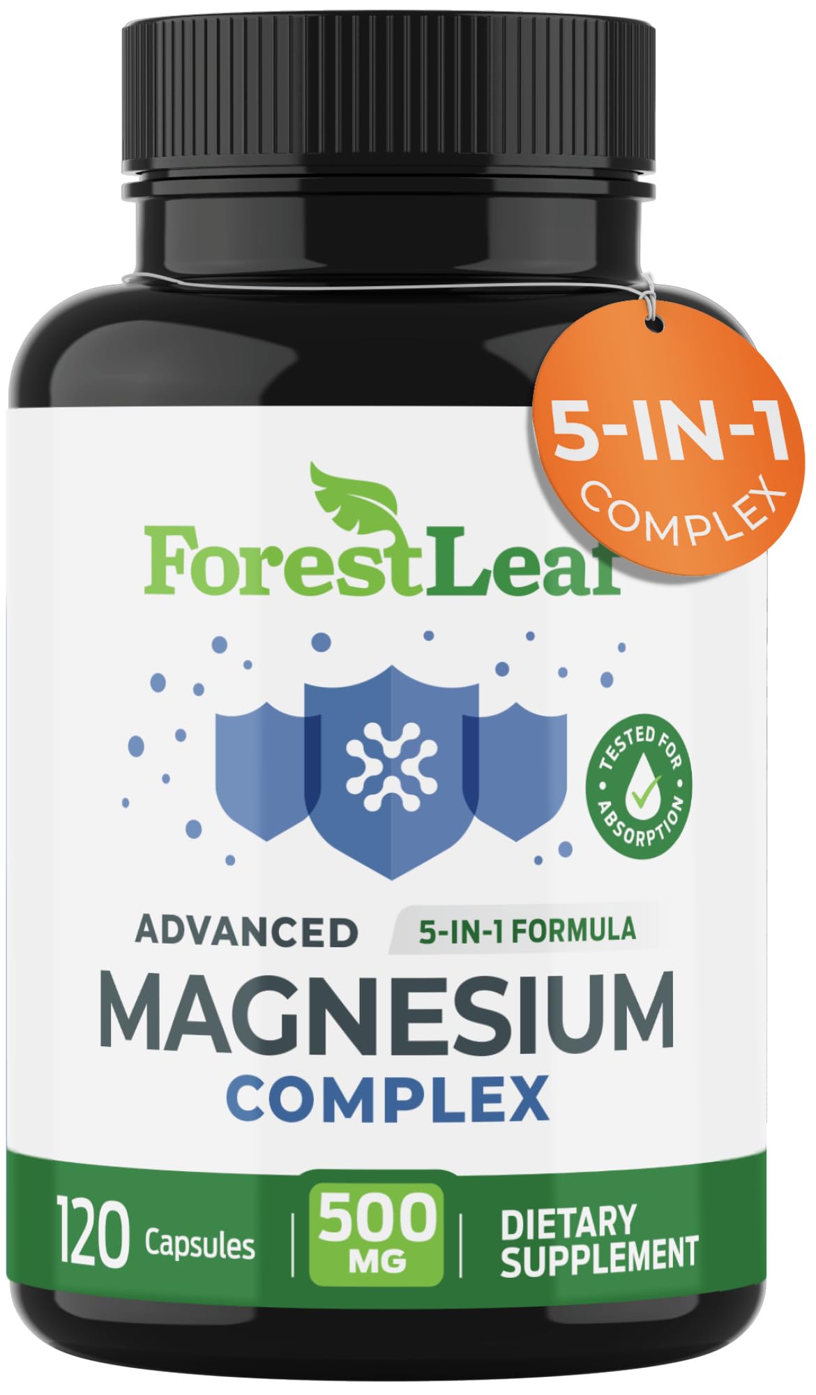 ForestLeaf envase frontal del Magnesium Complex mostrando 120 cápsulas y principal beneficio