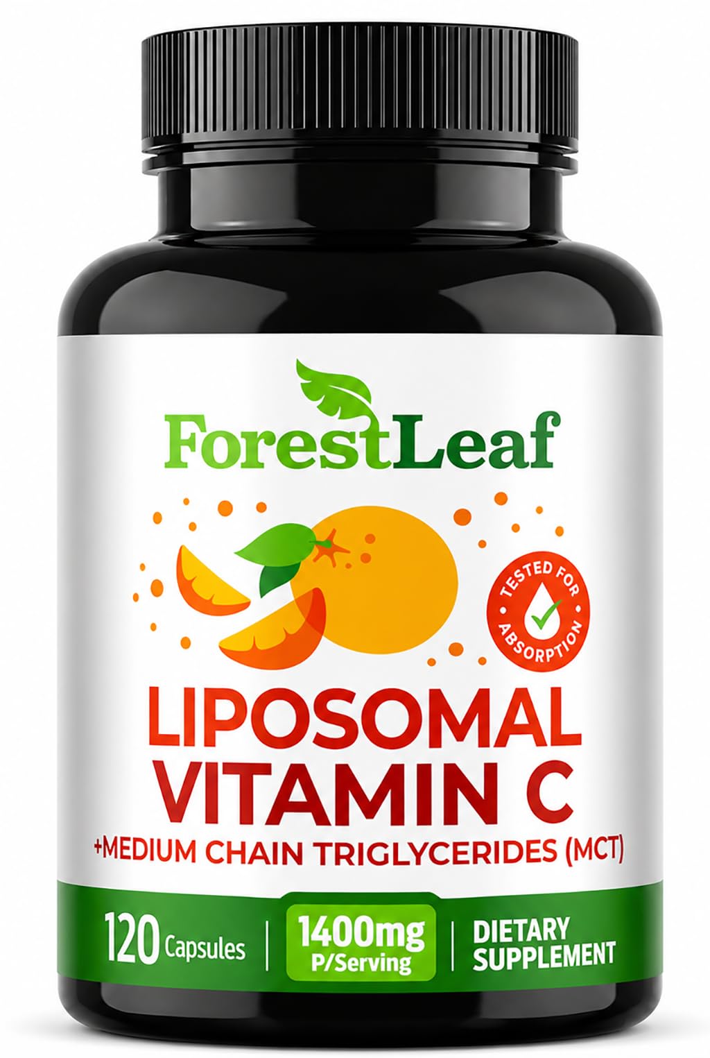 ForestLeaf frasco frontal mostrando diseño y cantidad 120 cápsulas, beneficio claridad de información