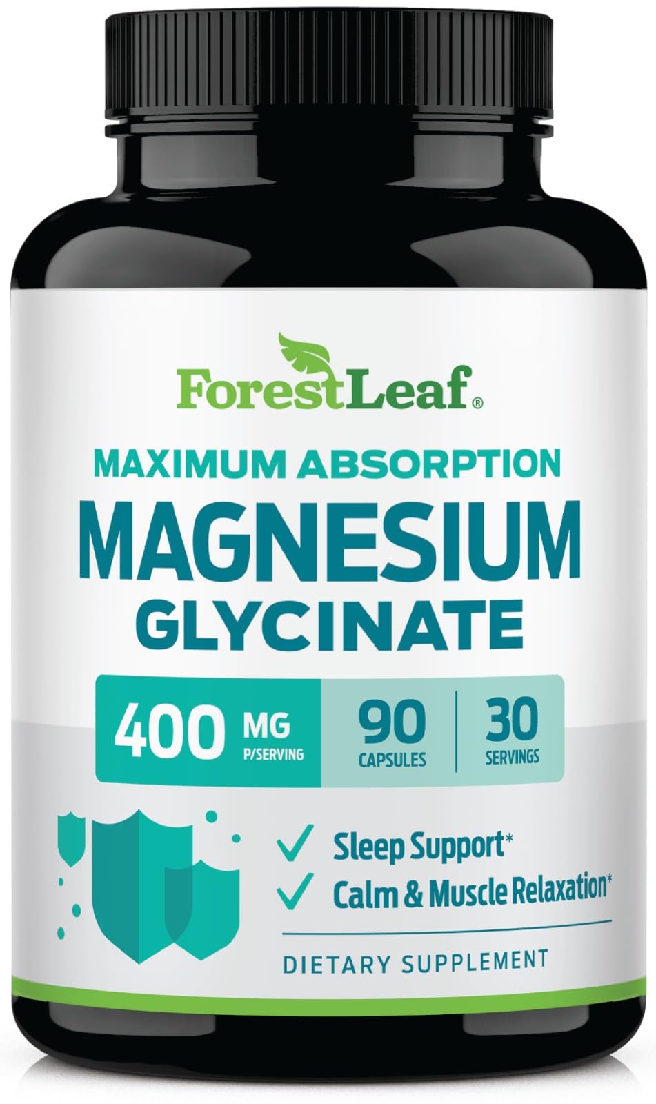 ForestLeaf envase frontal de Magnesium Glycinate mostrando 90 cápsulas y beneficio de absorción