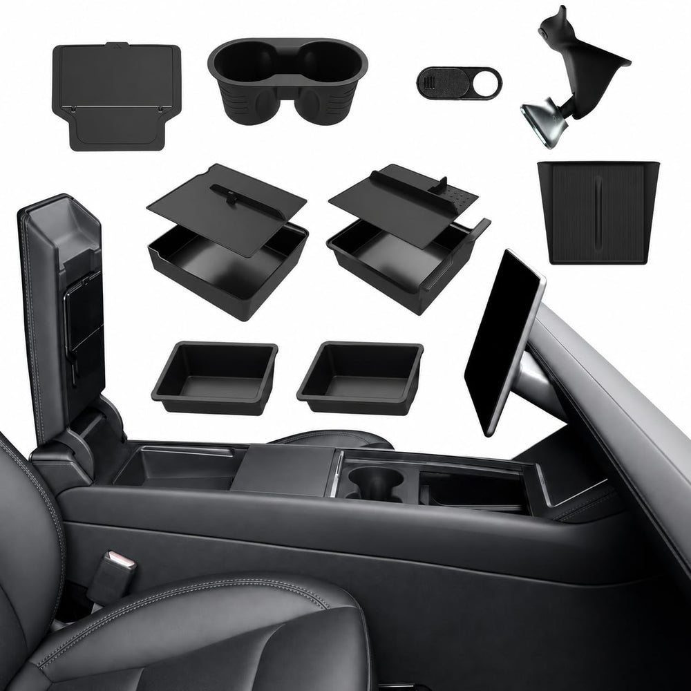 Foronetry vista frontal del organizador en la consola del Tesla Model Y Juniper mostrando orden