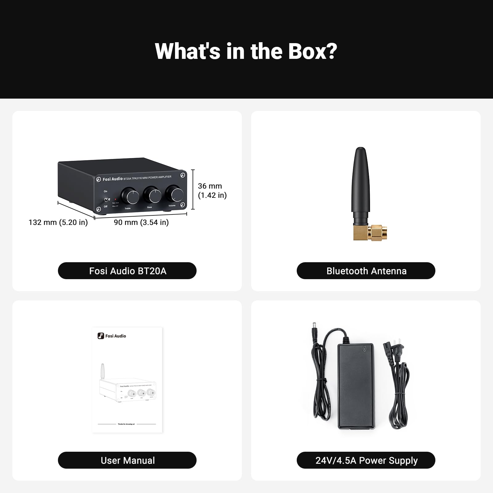 Fosi Audio BT20A embalaje con manual y accesorios listos para instalar
