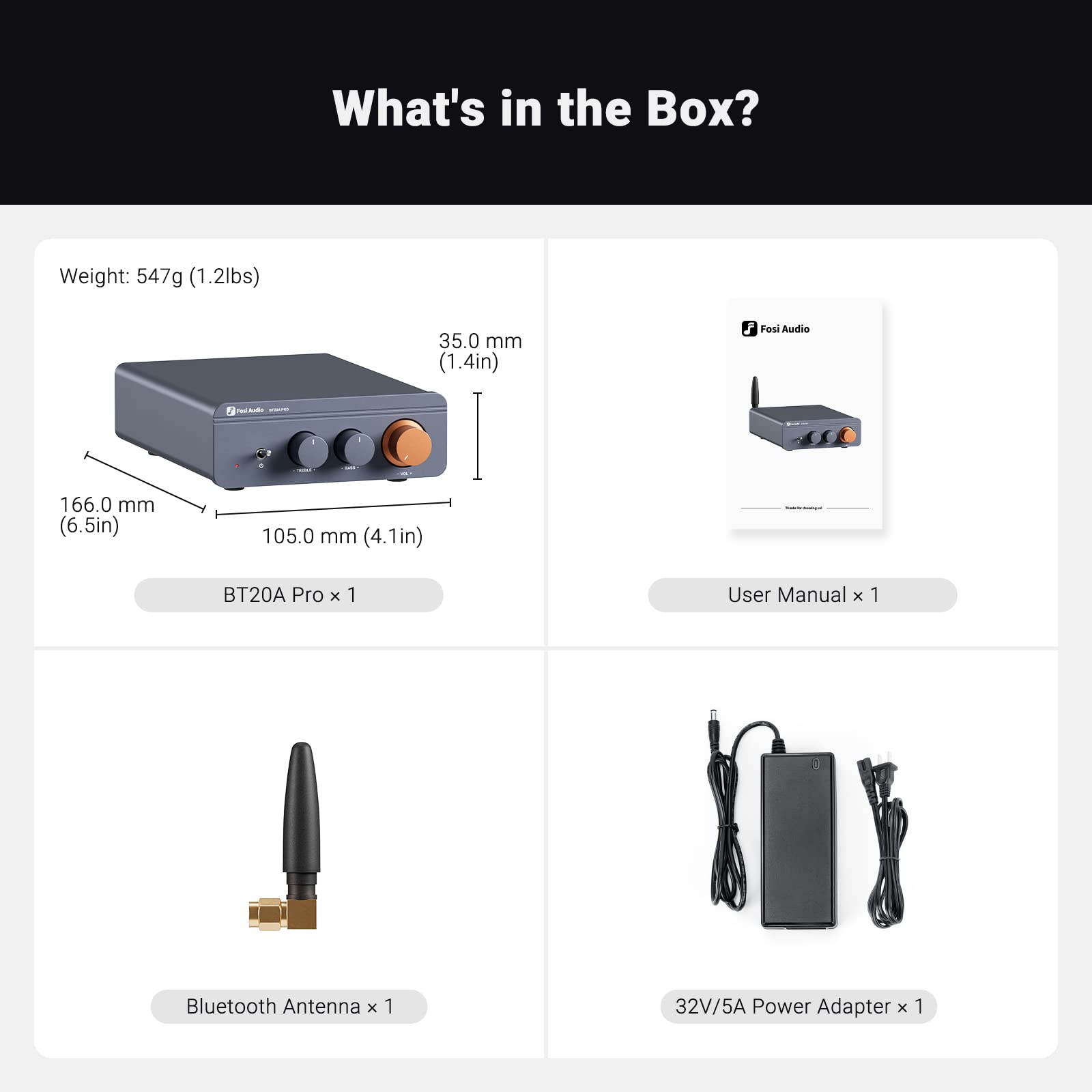 Fosi Audio BT20A Pro contenido de la caja: amplificador, fuente y manual listo para usar