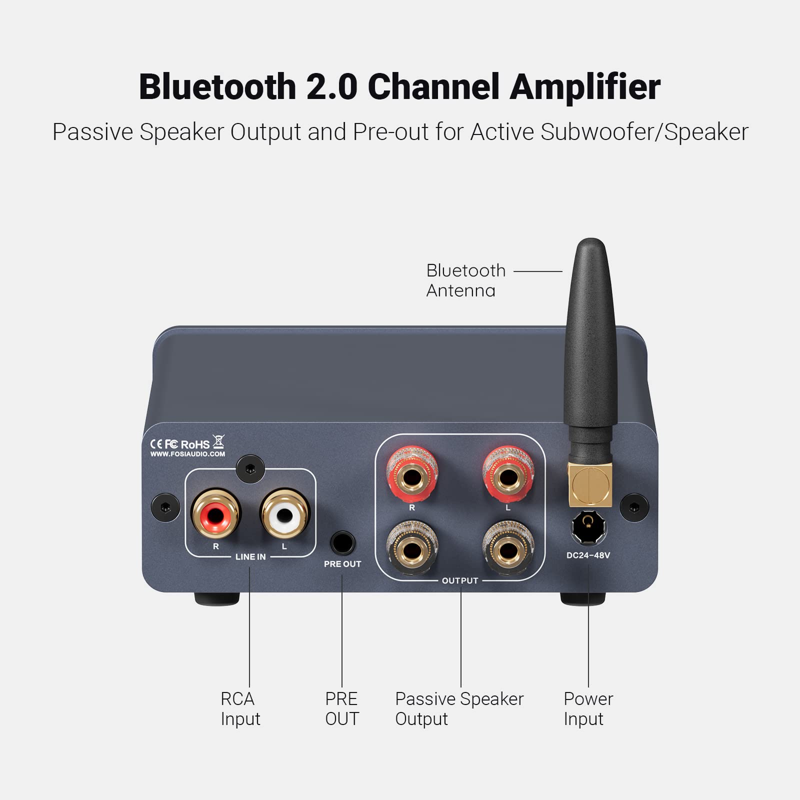 Fosi Audio BT20A Pro primer plano de perillas mostrando control de graves y agudos