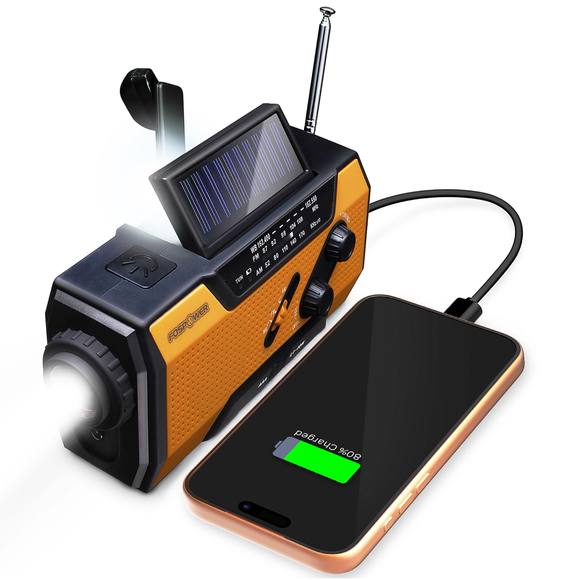 FosPower radio frontal visible naranja muestra controles y receptor NOAA