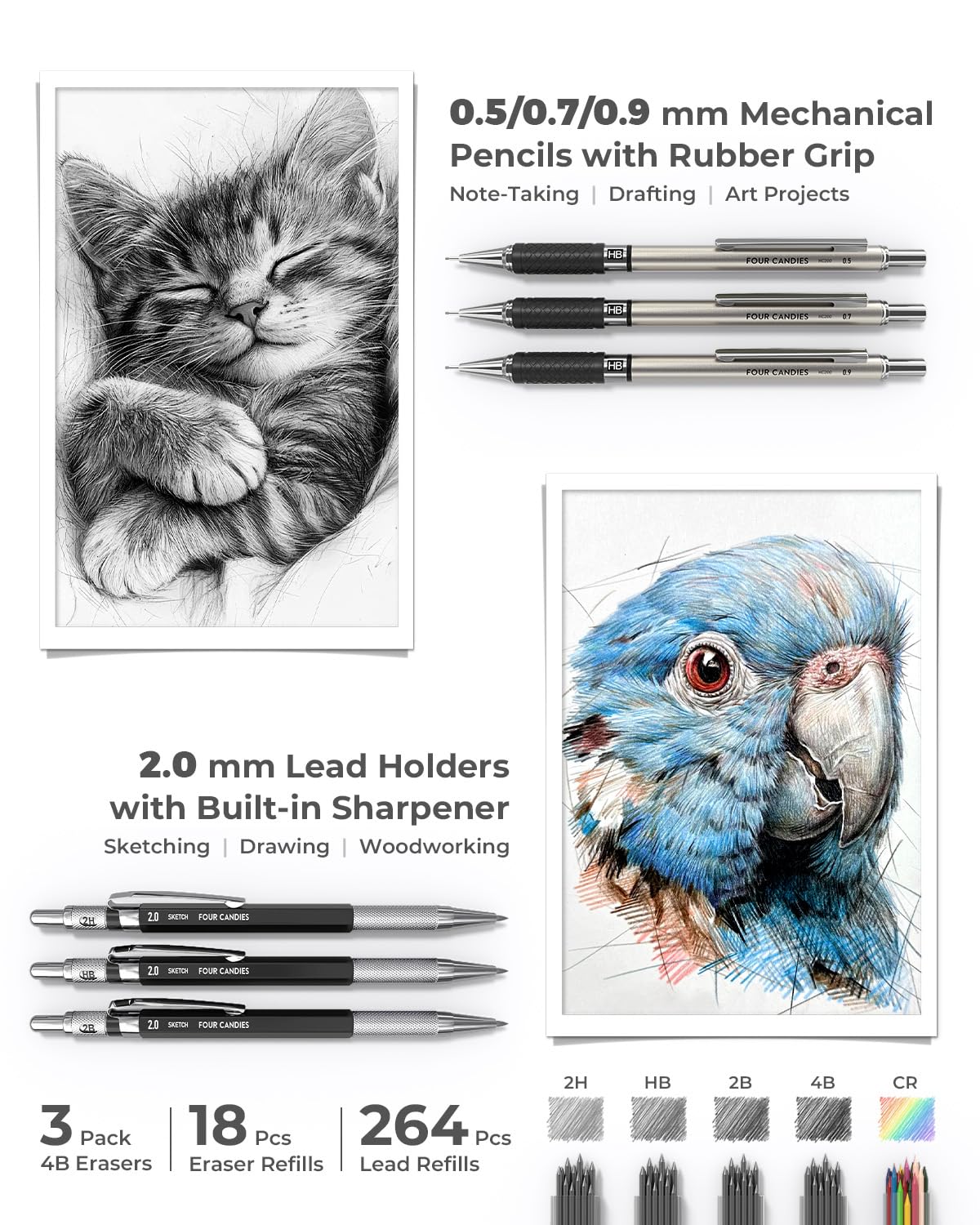 Four Candies lápices mecánicos y tubos de minas para dibujo técnico