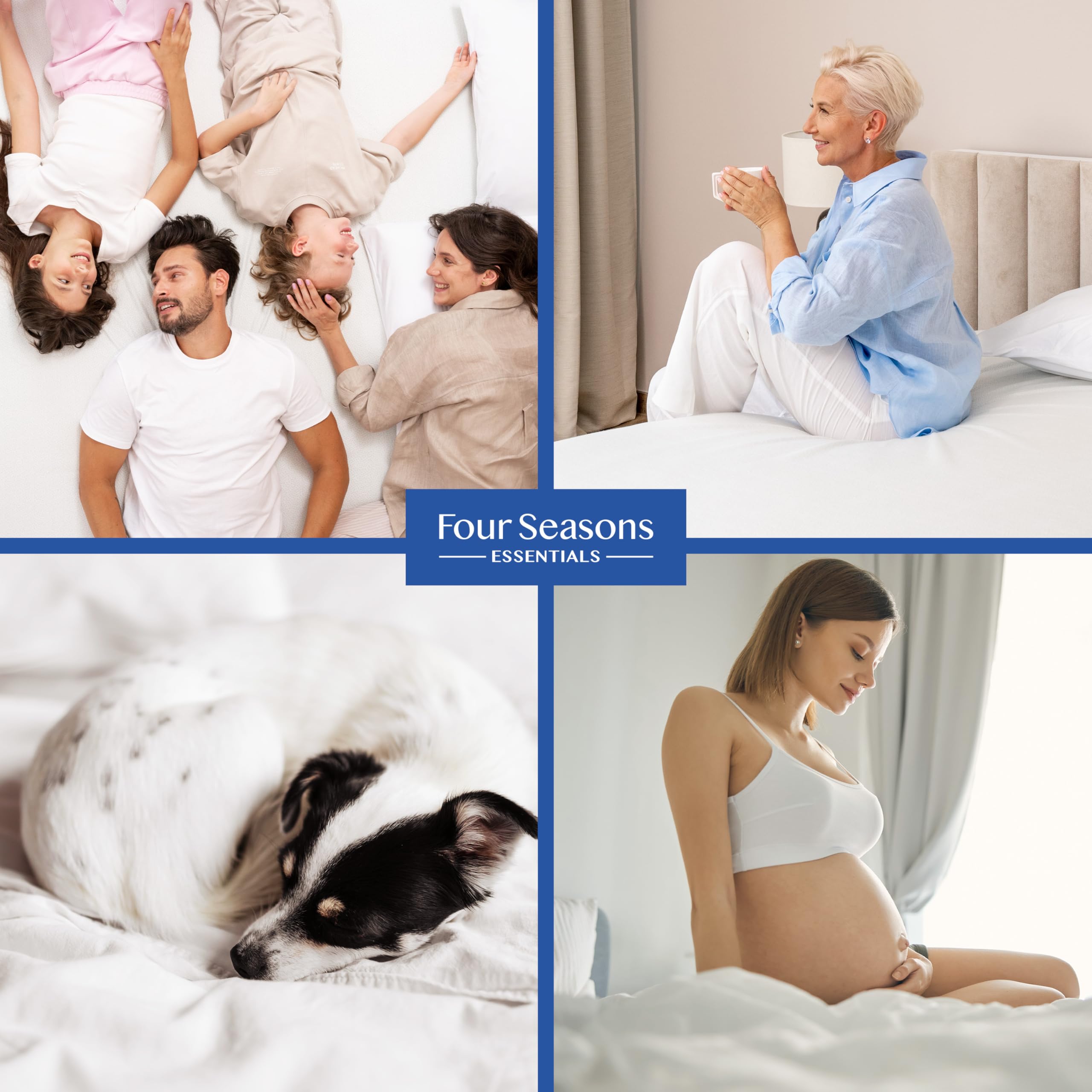 Four Seasons Essentials dormitorio ambientado con protector puesto para visualizar estilo y discreción