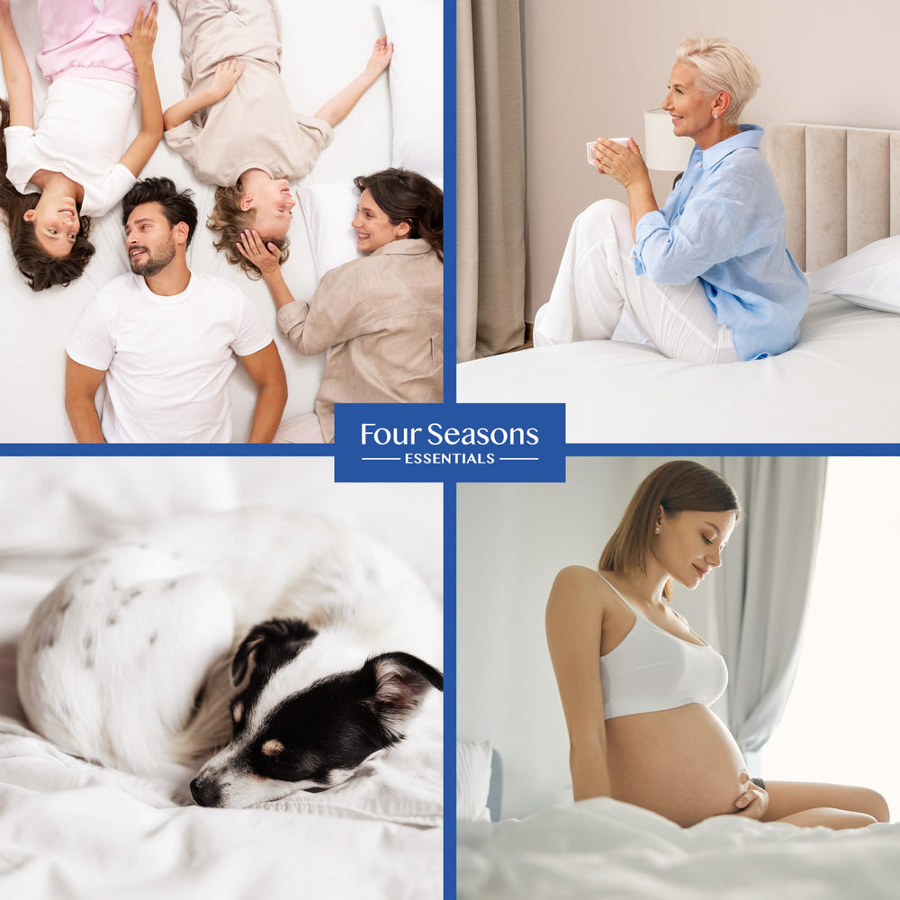 Four Seasons Essentials dormitorio ambientado con protector puesto para visualizar estilo y discreción