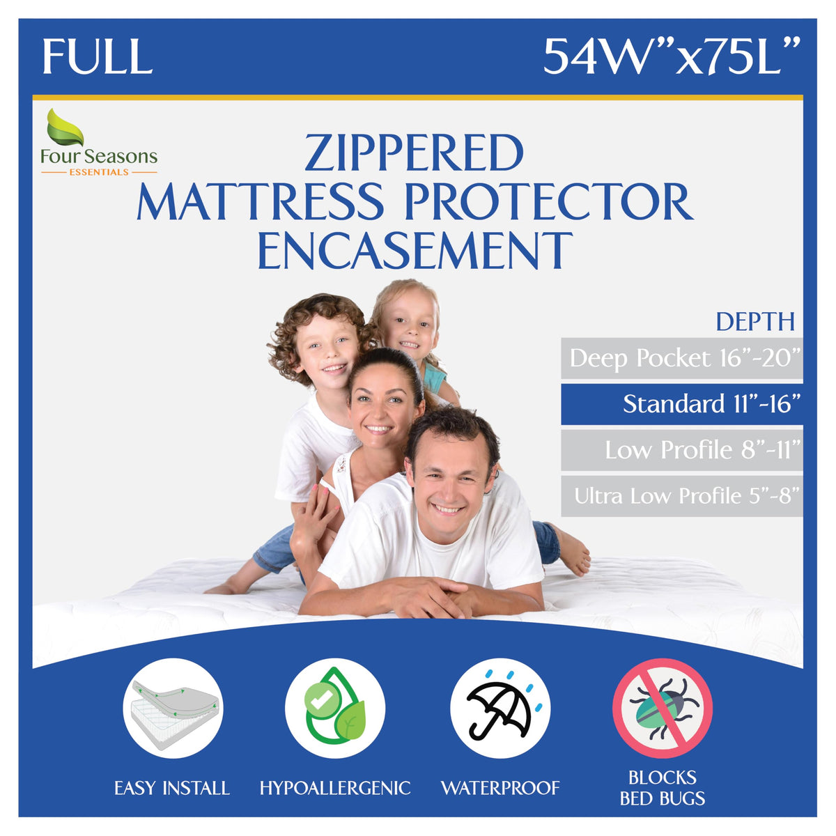 Four Seasons Essentials protector frontal mostrando ajuste completo y beneficio impermeable