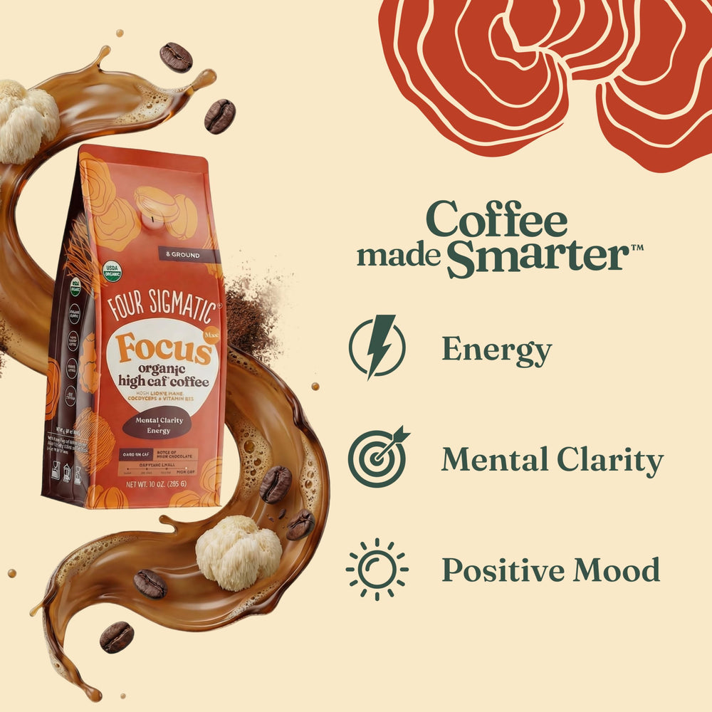 Four Sigmatic etiqueta con ingredientes y certificaciones visibles