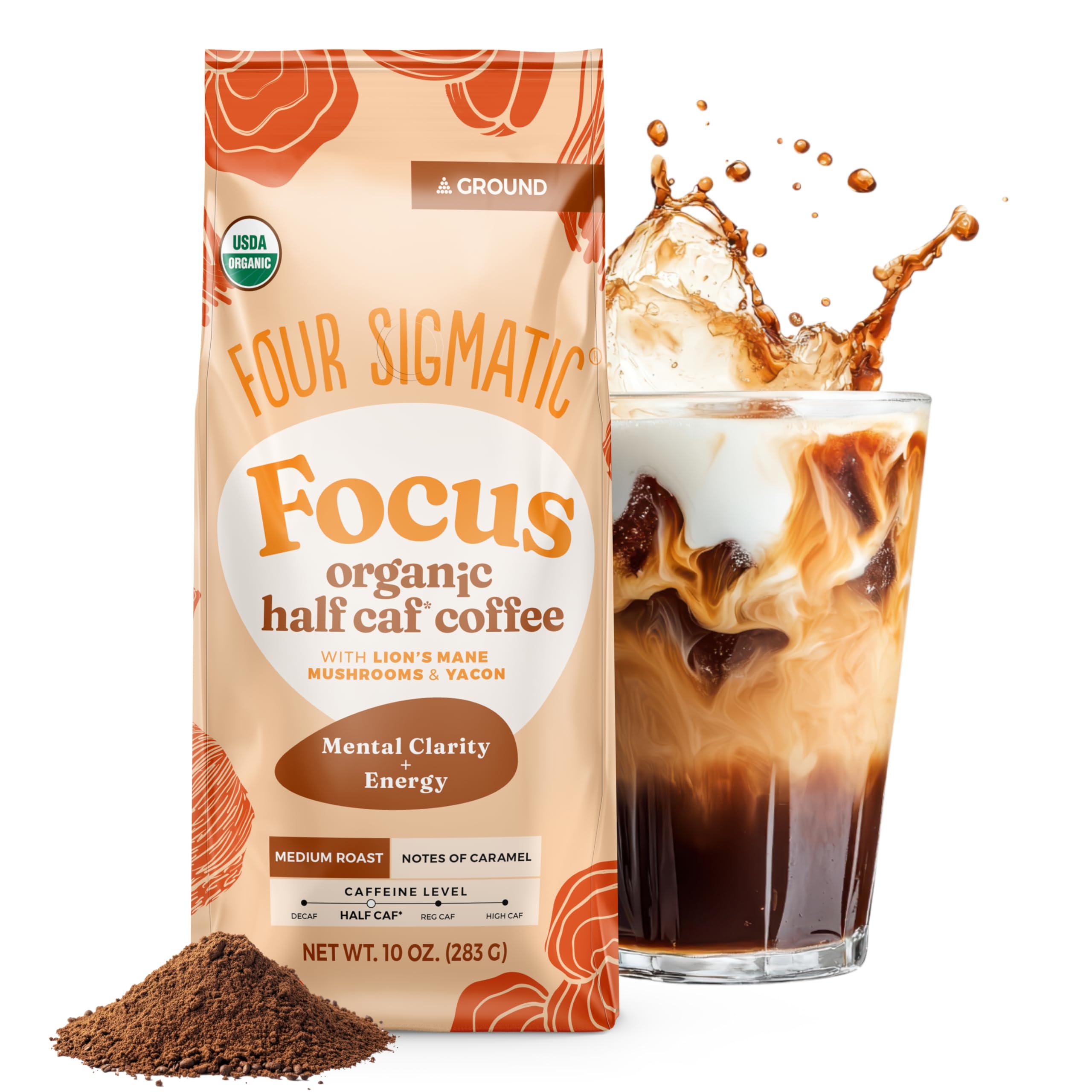 Four Sigmatic frente del envase mostrando 10 oz y beneficio de menor cafeína