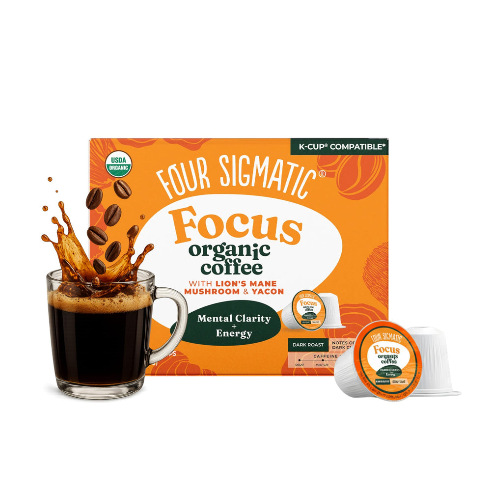 Four Sigmatic front packaging showing K-Cups and benefits