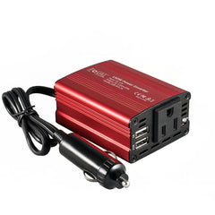FOVAL inversor frontal rojo mostrando enchufe AC y puertos USB, carga fiable
