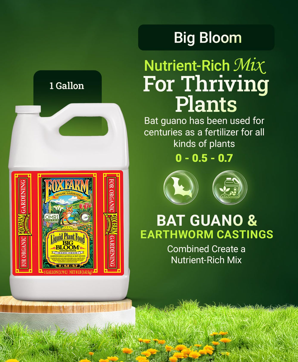 FoxFarm Big Bloom etiqueta con análisis 0-0.5-0.7 NPK y ventajas naturales