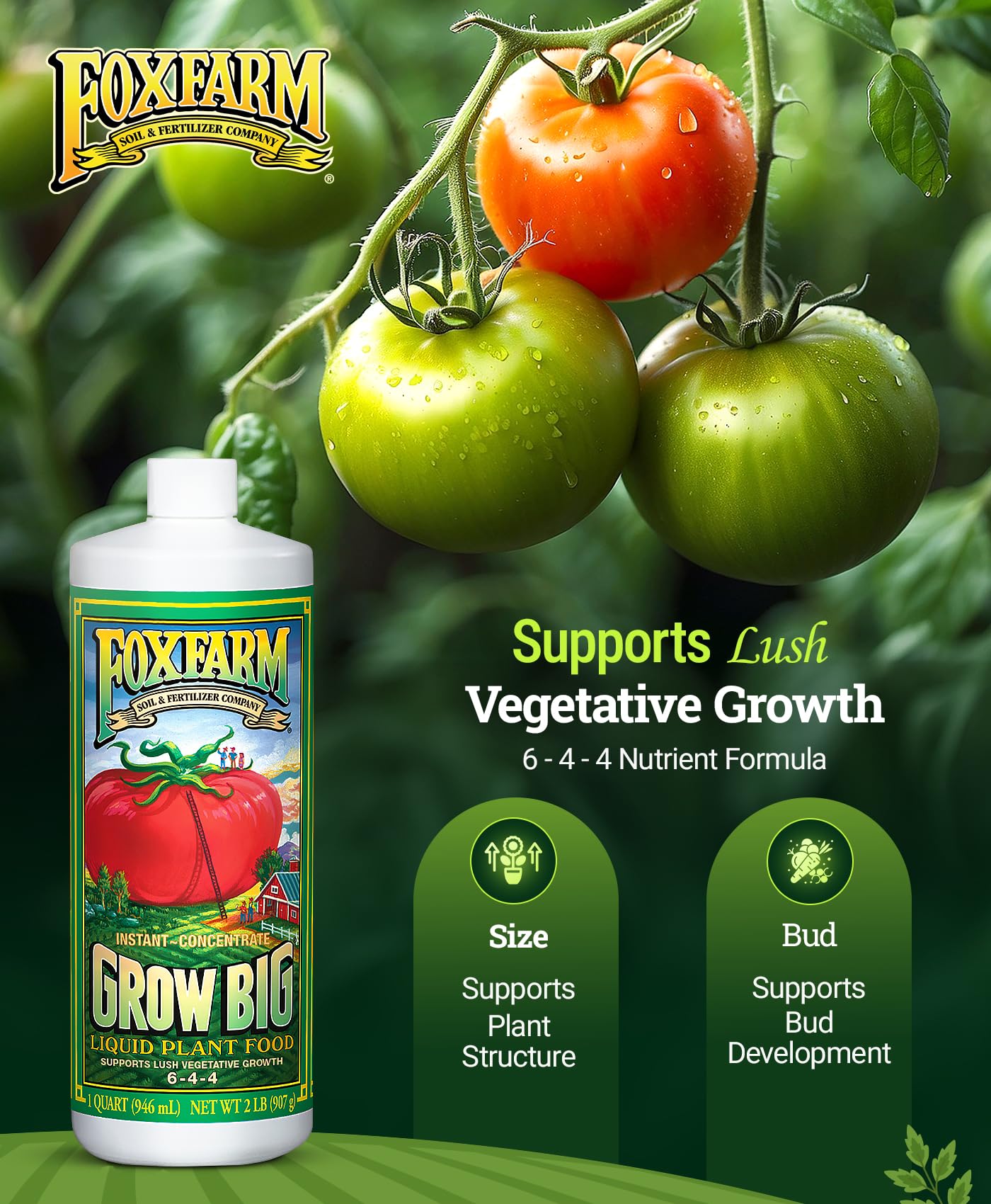 Detalle de la etiqueta de FoxFarm Grow Big con instrucciones claras y beneficios