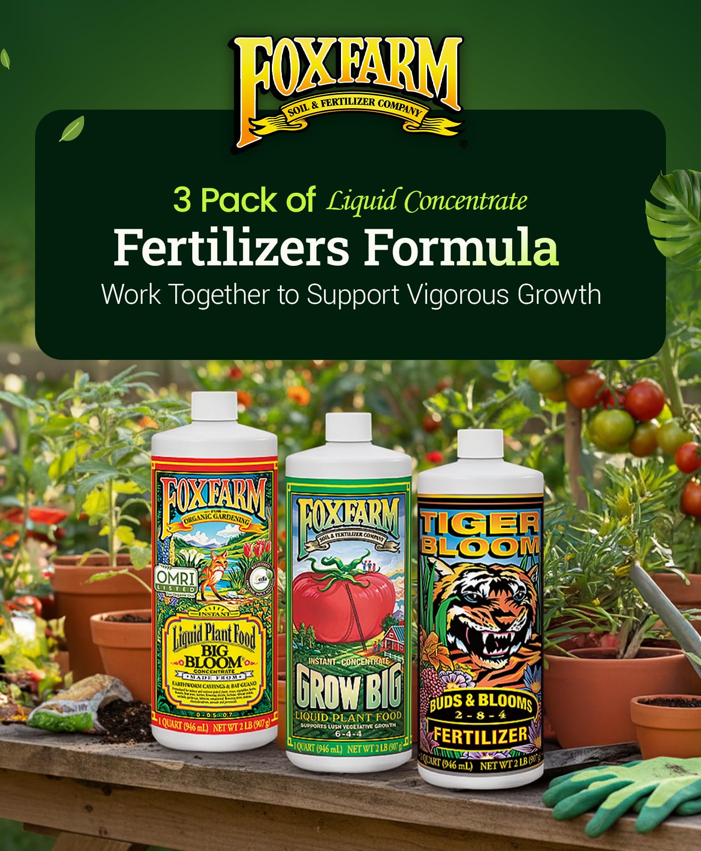 FoxFarm escena de jardín con plantas vigorosas tras uso del pack