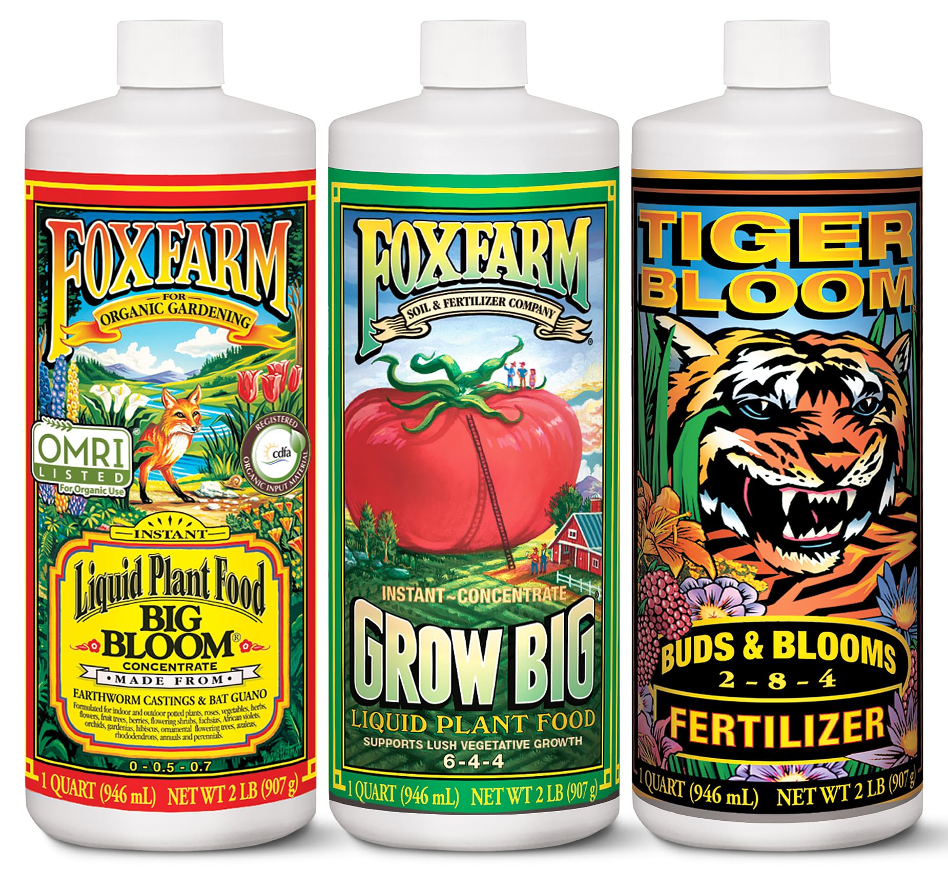 FoxFarm pack frontal mostrando las tres botellas y beneficios de nutrición