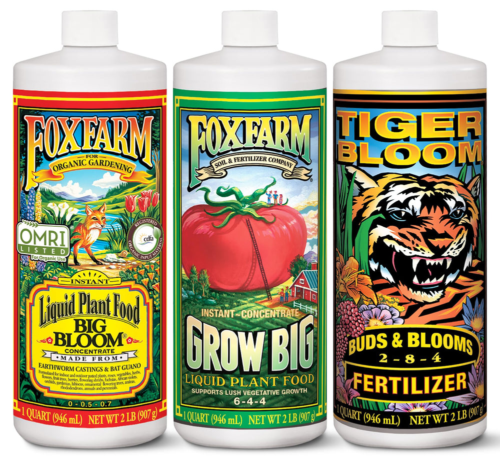FoxFarm pack frontal mostrando las tres botellas y beneficios de nutrición