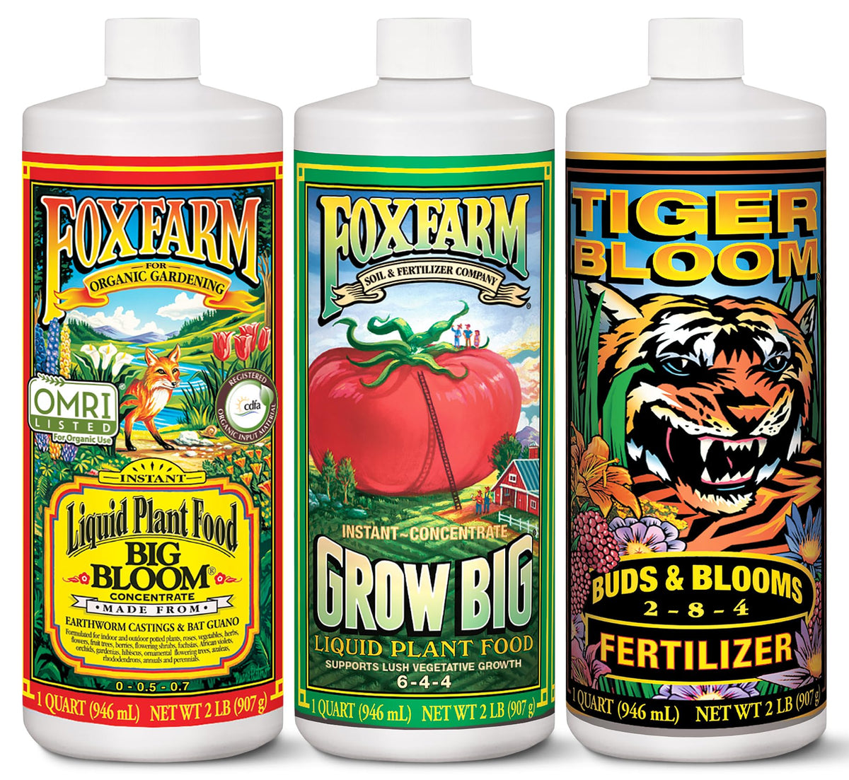 FoxFarm pack frontal mostrando las tres botellas y beneficios de nutrición