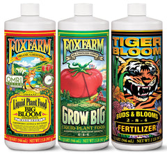 FoxFarm pack frontal mostrando las tres botellas y beneficios de nutrición