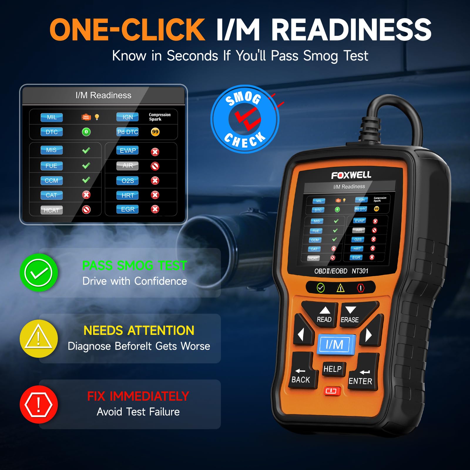 FOXWELL NT301 conector OBDII de 16 pines para conexión inmediata