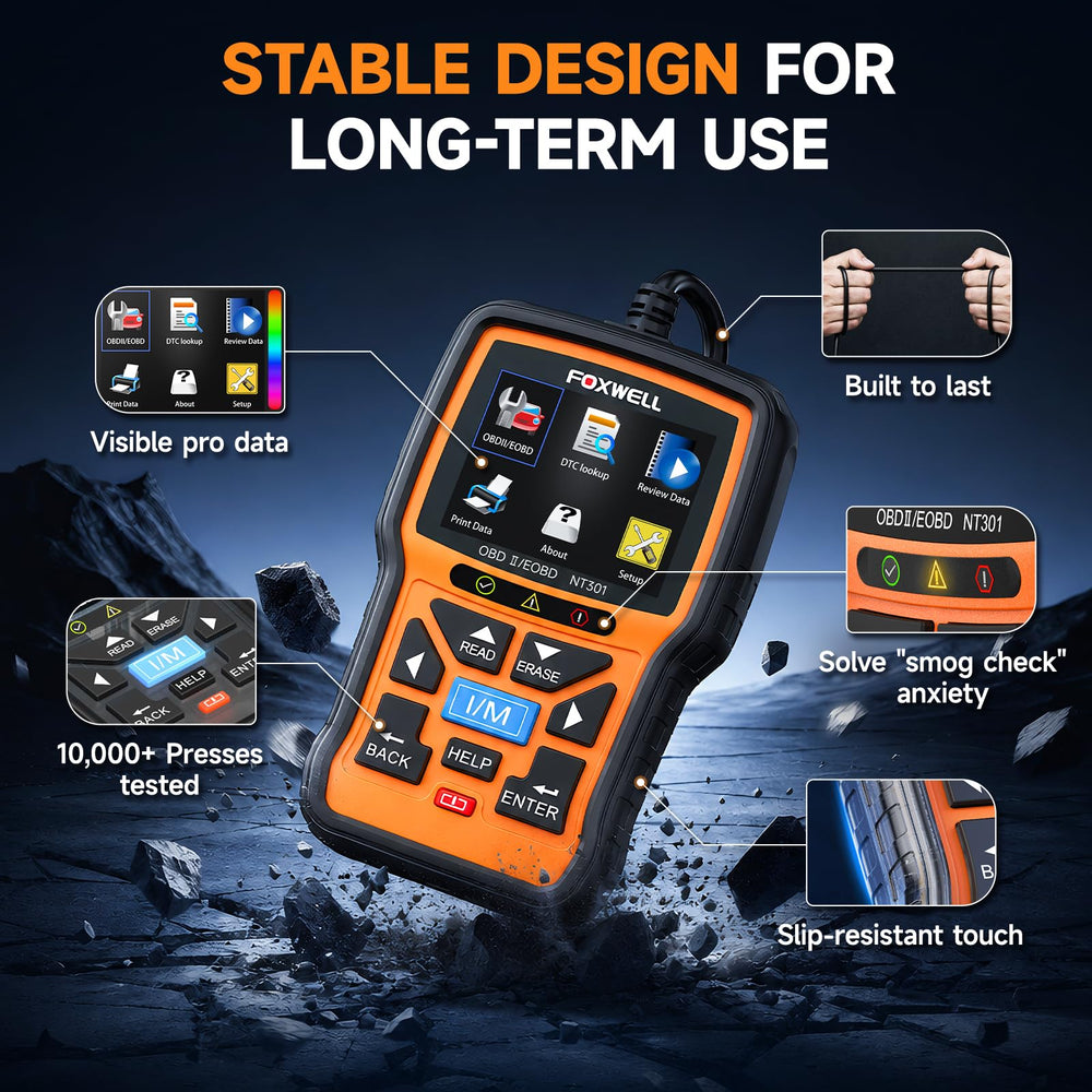 FOXWELL NT301 empaque con manual y accesorios listo para usar