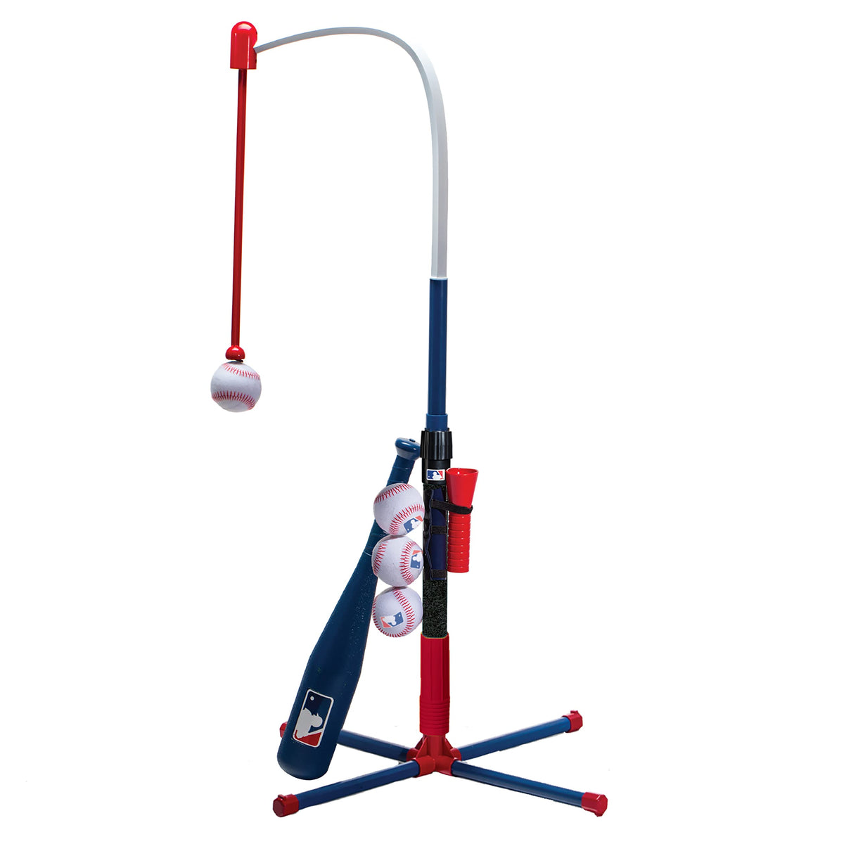 Franklin Sports vista frontal del tee 2 en 1 mostrando estructura estable y accesorios