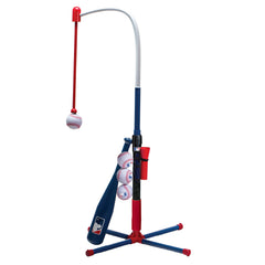 Franklin Sports vista frontal del tee 2 en 1 mostrando estructura estable y accesorios