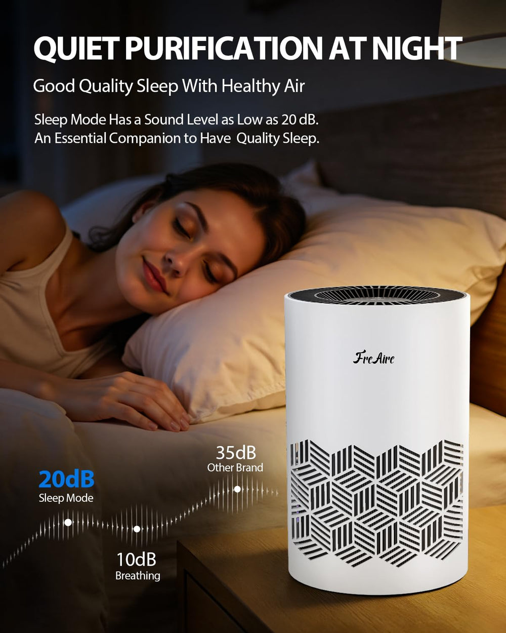 FreAire en dormitorio junto a cama manteniendo aire fresco y silencio nocturno