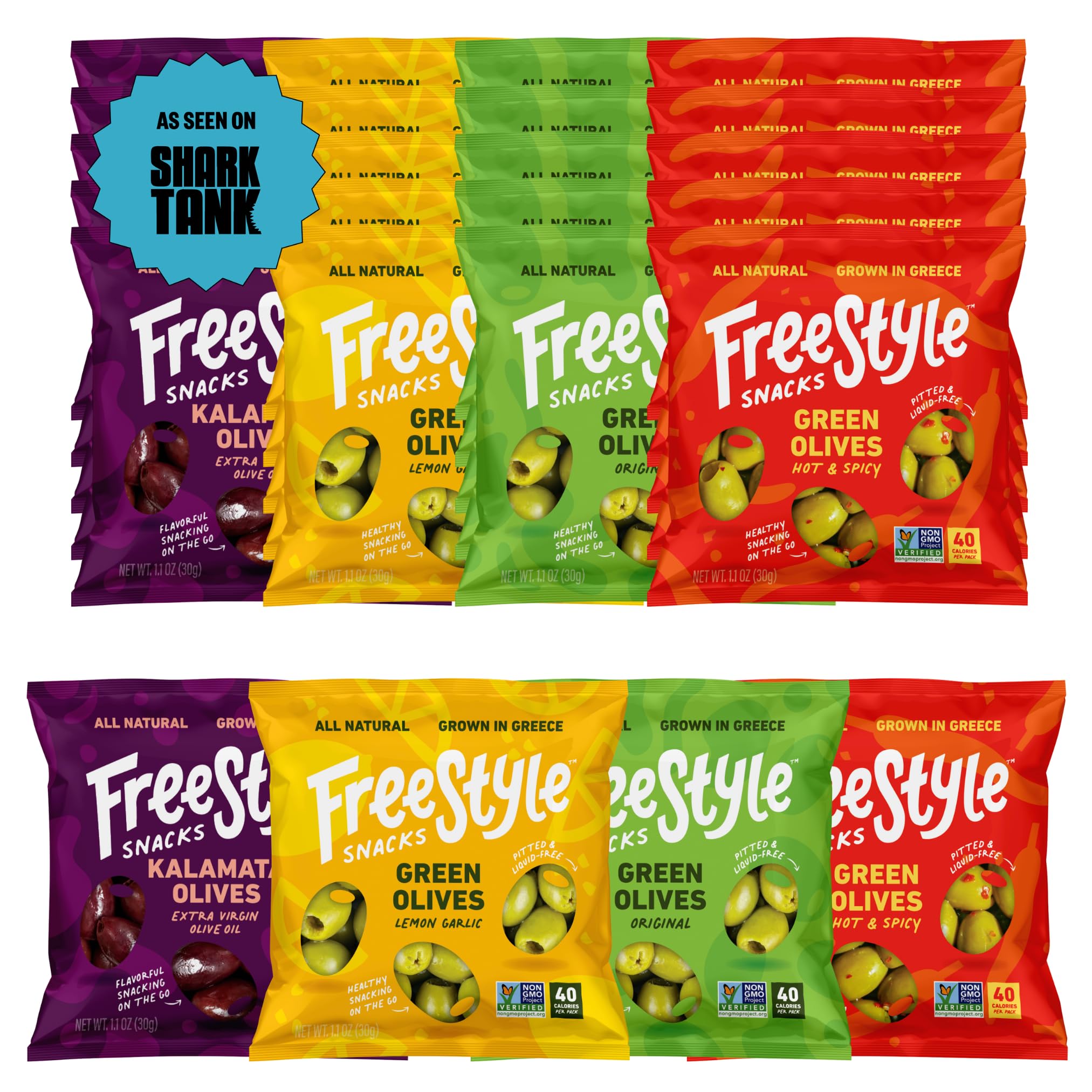 Freestyle Snacks empaque frontal mostrando 24 sobres, conveniencia portable