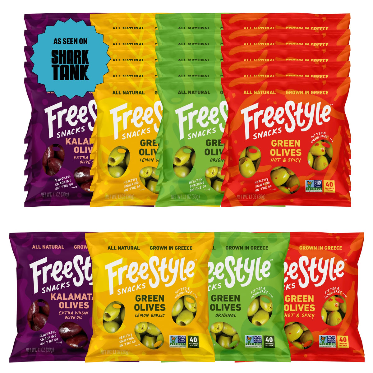 Freestyle Snacks empaque frontal mostrando 24 sobres, conveniencia portable