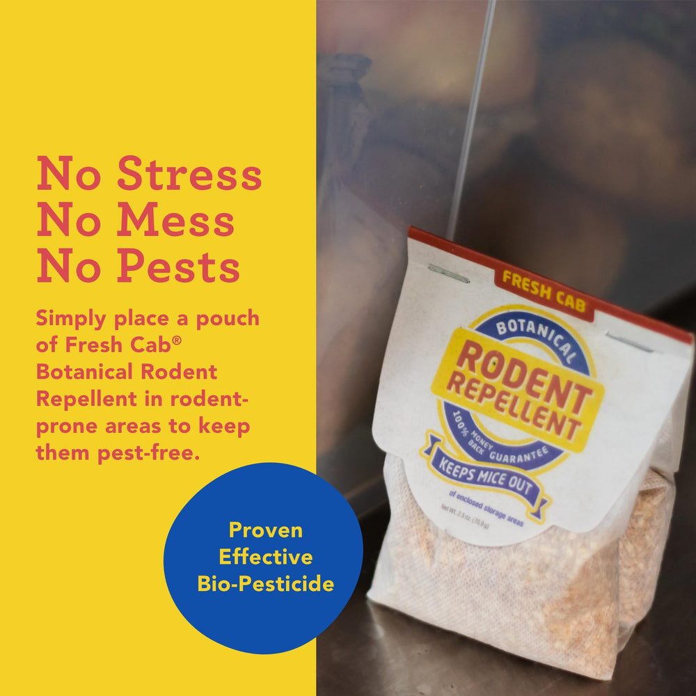 Fresh Cab pouches tucked behind appliance illustrating out-of-sight placement to block rodent paths
