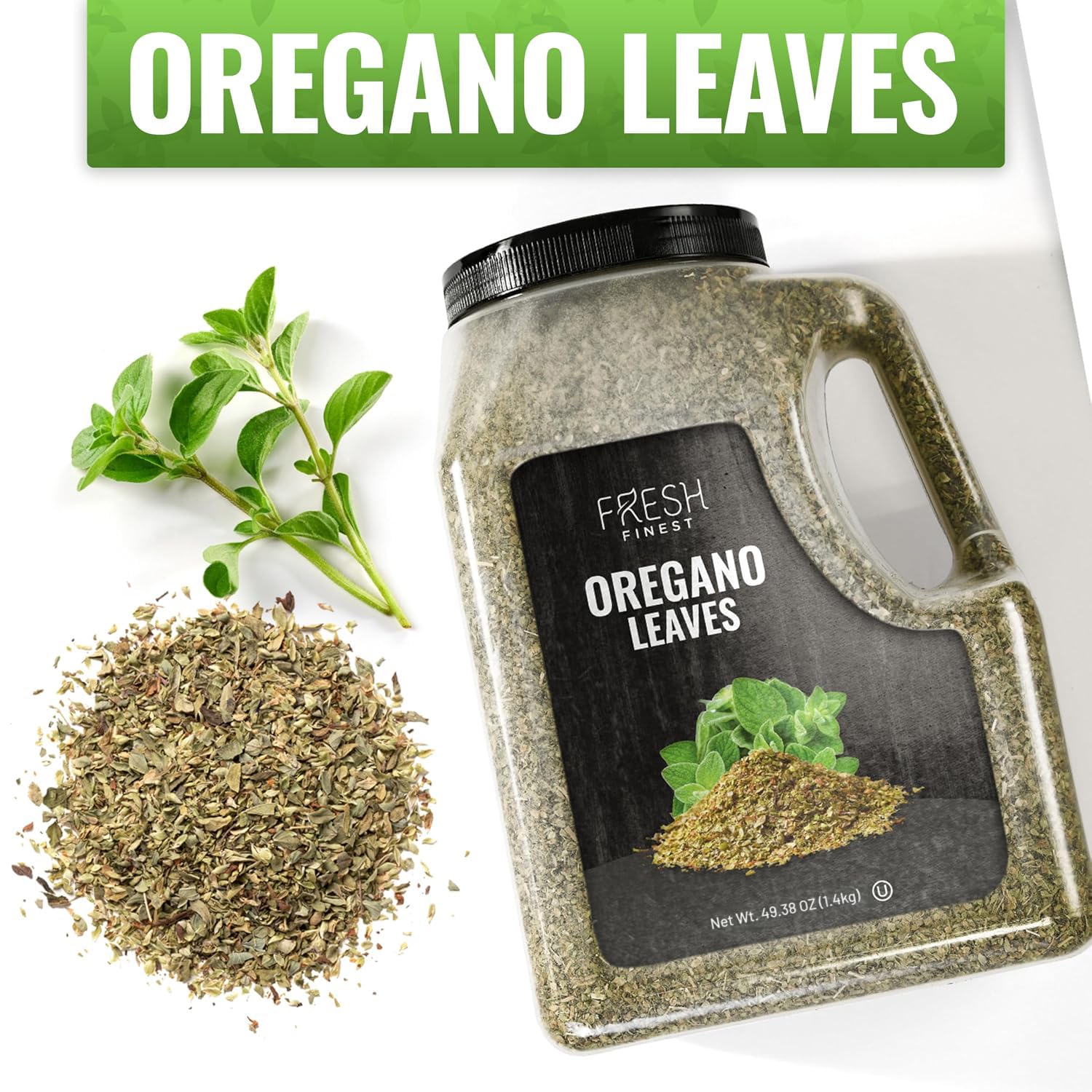 Fresh Finest orégano junto a una regla, comparación de tamaño del envase