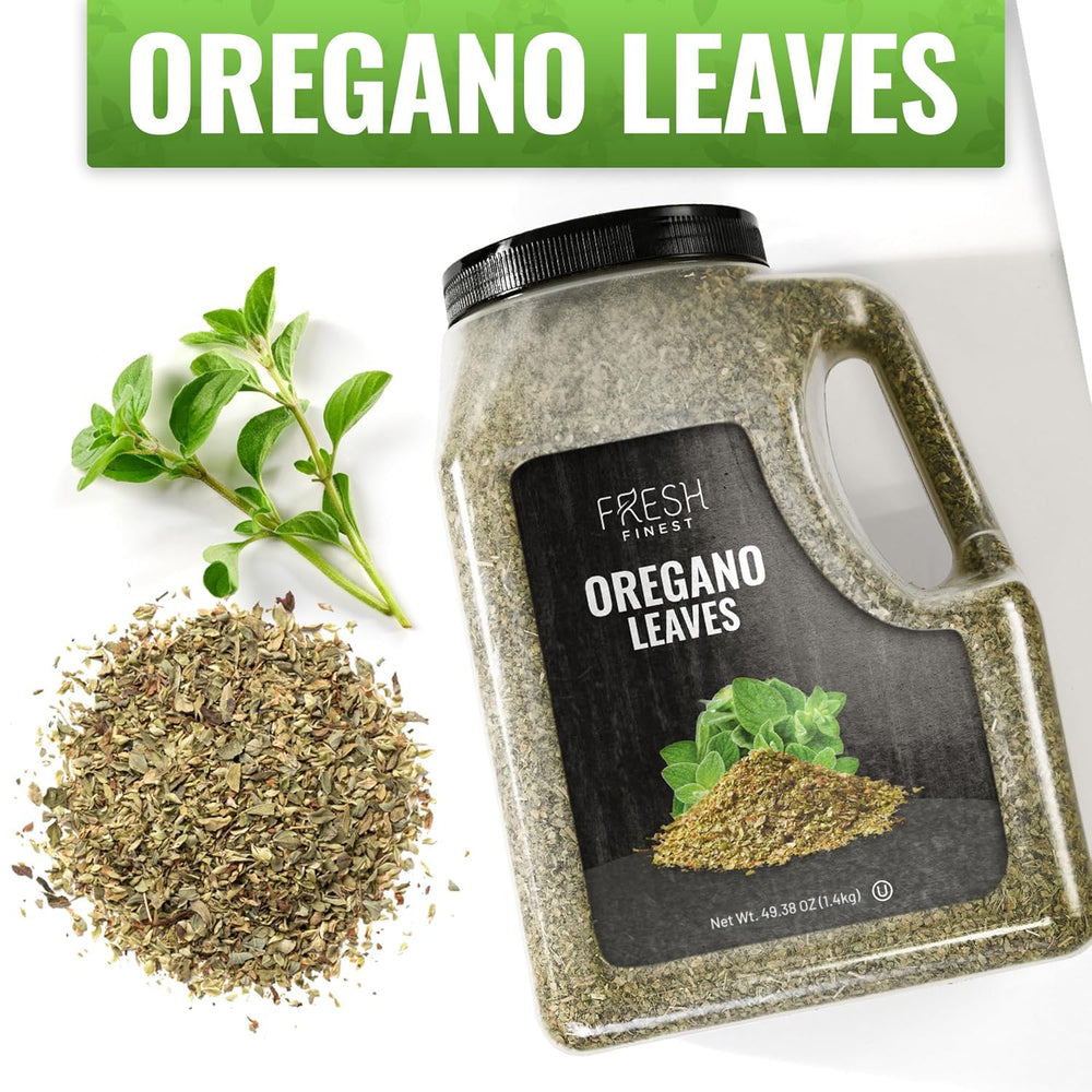 Fresh Finest orégano junto a una regla, comparación de tamaño del envase