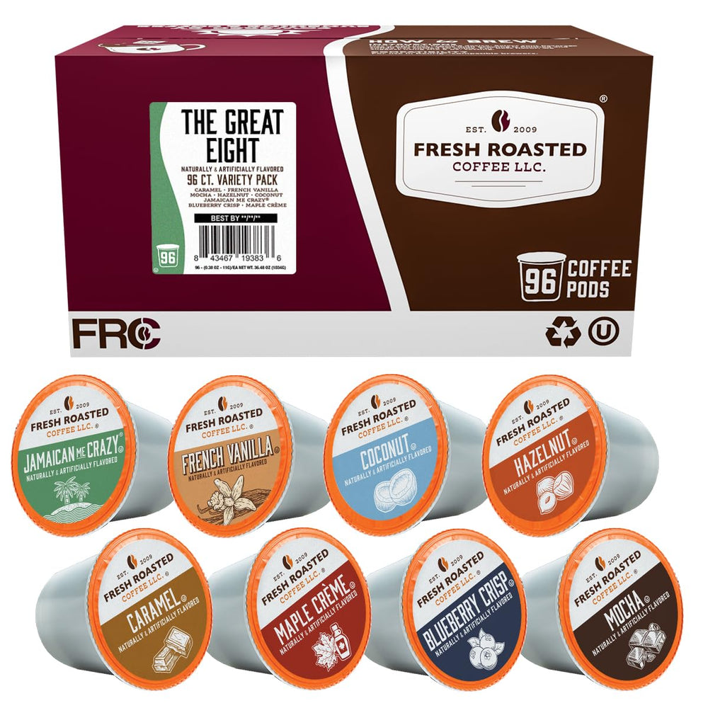 Fresh Roasted Coffee caja frente mostrando variedad de 96 cápsulas y beneficios