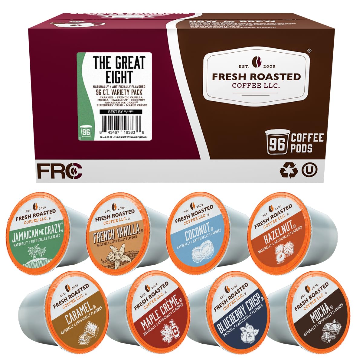 Fresh Roasted Coffee caja frente mostrando variedad de 96 cápsulas y beneficios