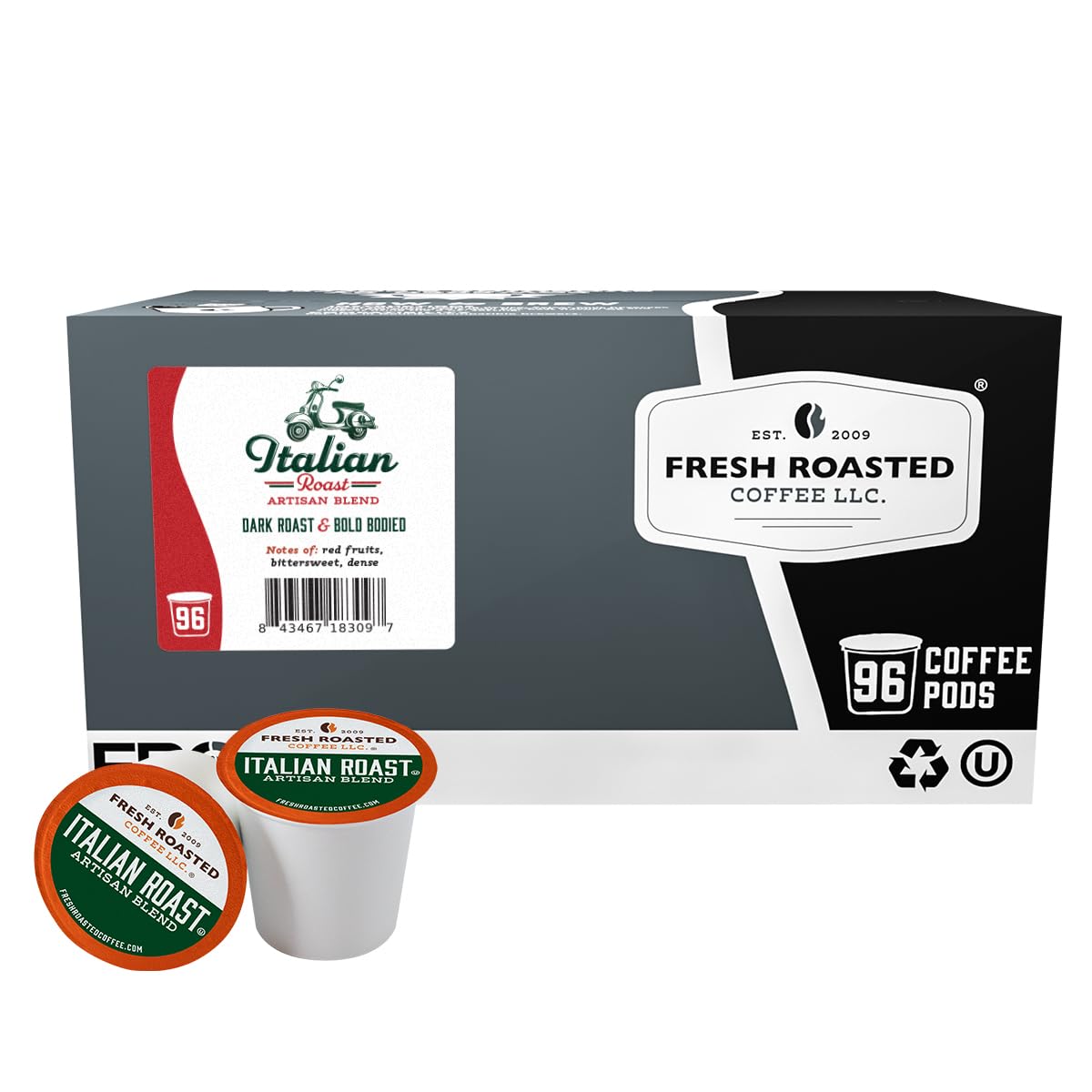 Fresh Roasted Coffee caja frontal mostrando 96 cápsulas y descripción del tueste intenso