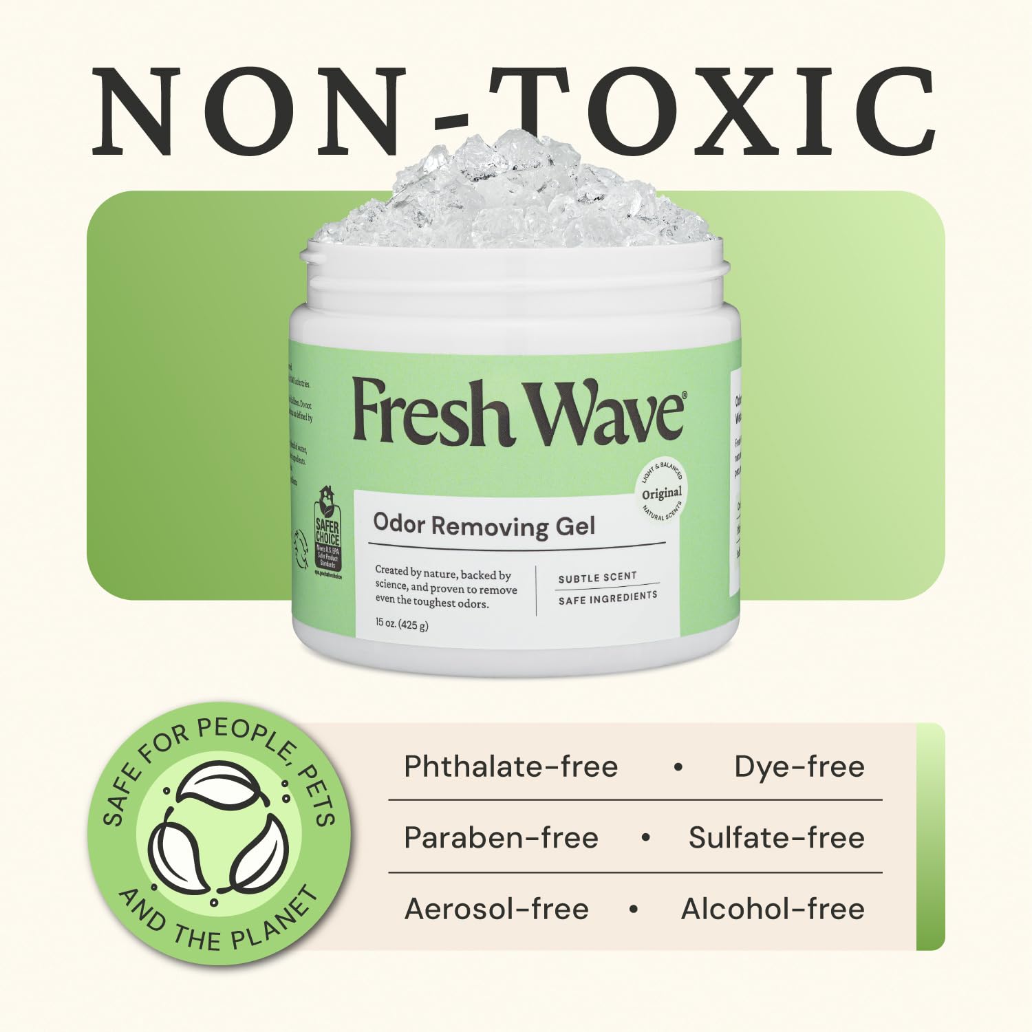 Fresh Wave en cocina junto a basura reduciendo olores fuertes