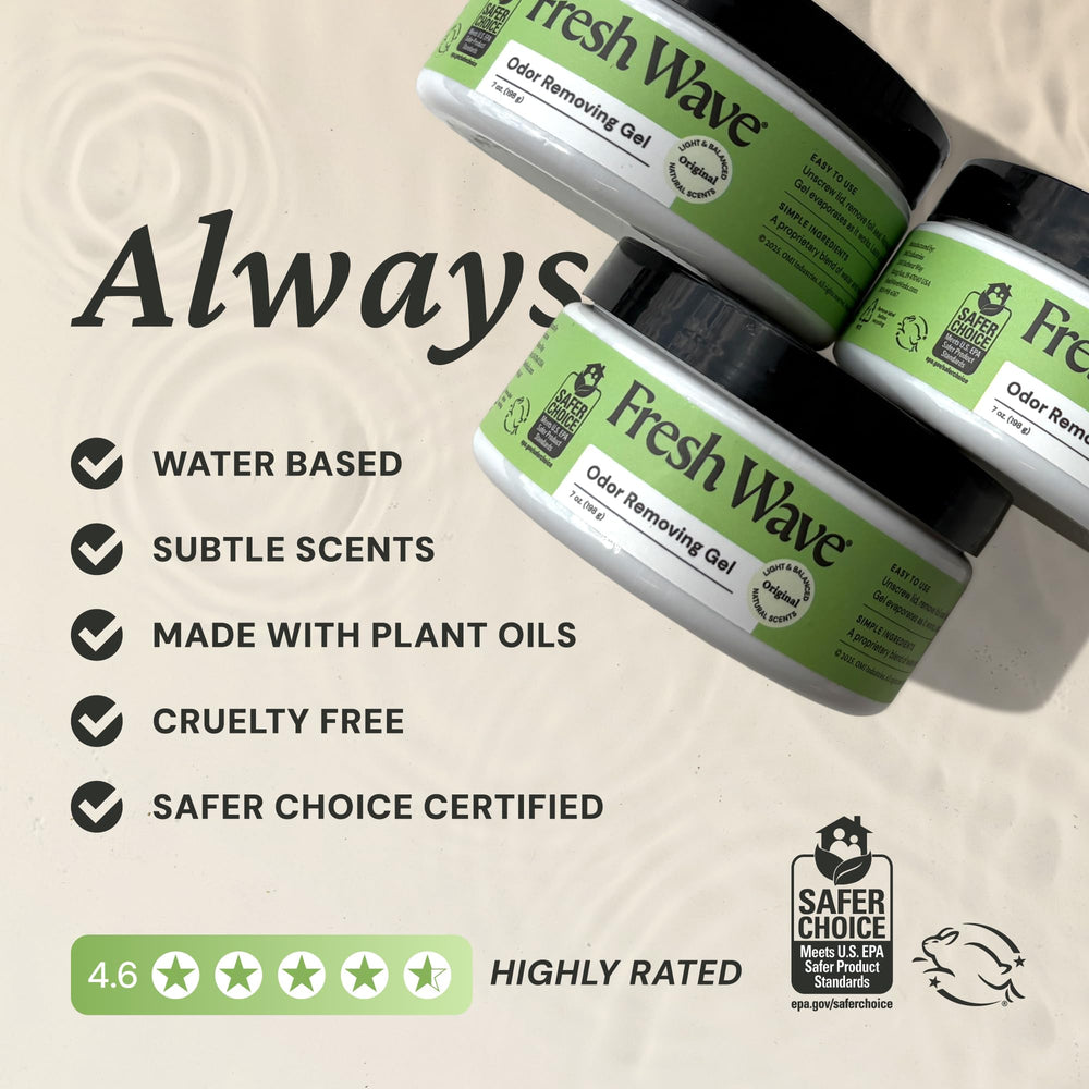 Fresh Wave gel colocado en baño para mantener aire fresco y sin fragancias fuertes