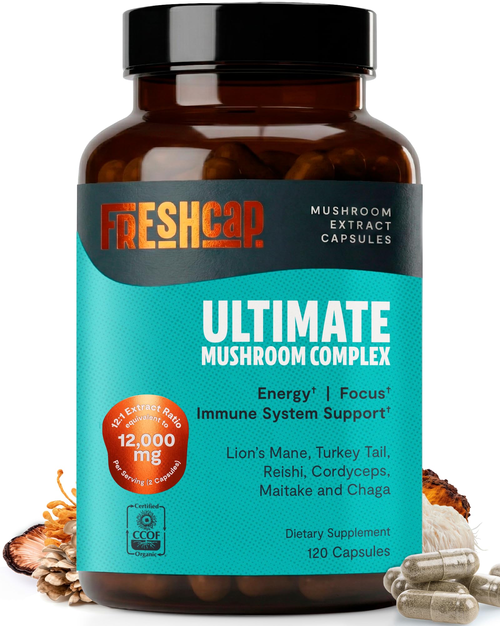 FreshCap Mushrooms frasco delante mostrando diseño y tamaño práctico