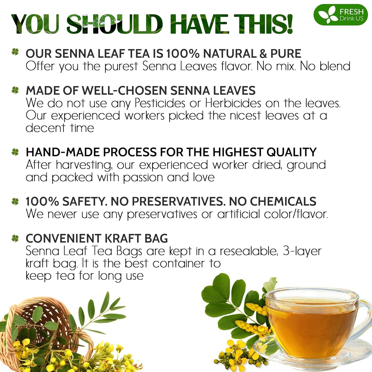FreshDrinkUS detalle de hojas de Senna secas resaltando pureza natural