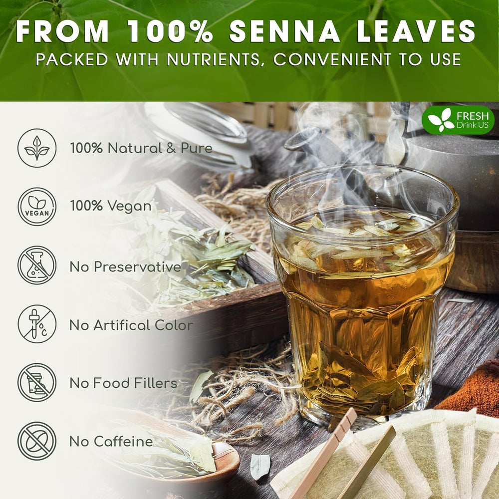 FreshDrinkUS taza humeante de Senna enfatizando comodidad y preparación rápida