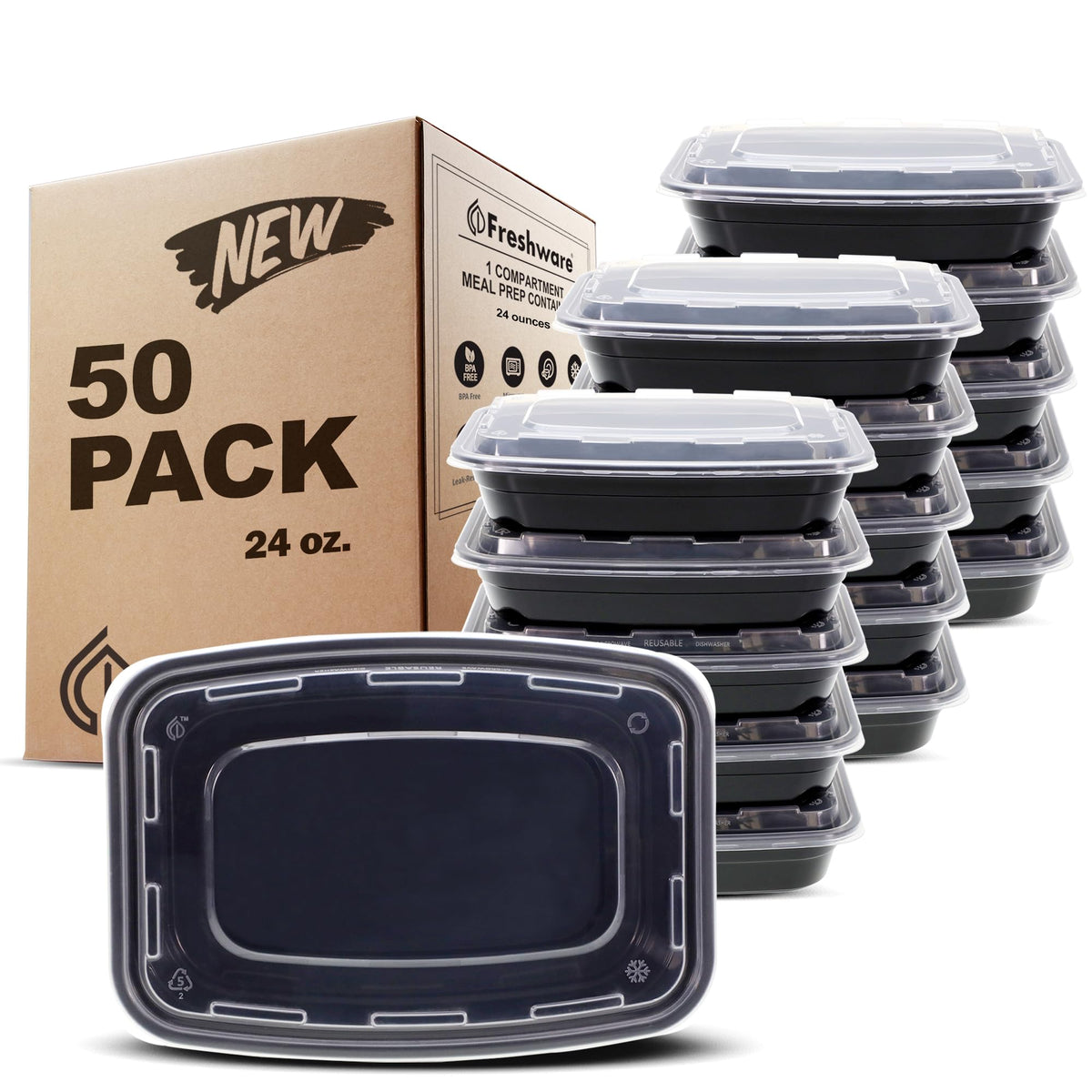 Freshware frontal del paquete con 50 cajas bento y tapa, ideal para organización