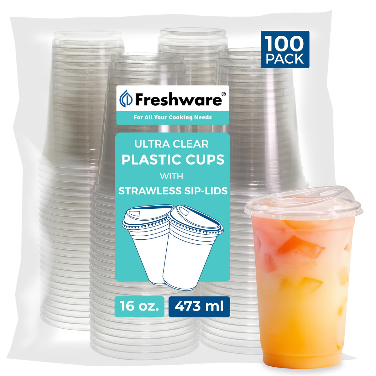 Freshware vaso frontal del pack 100 mostrando transparencia y beneficio elegante