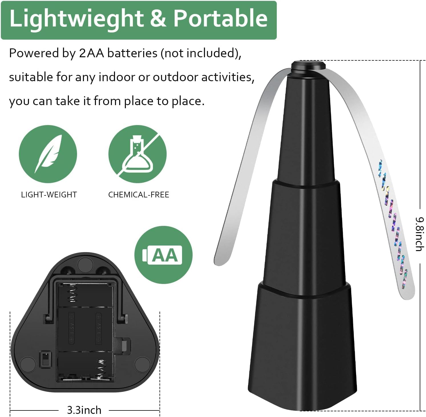 Fretech base and open battery compartment displaying easy 2xAA power replacement