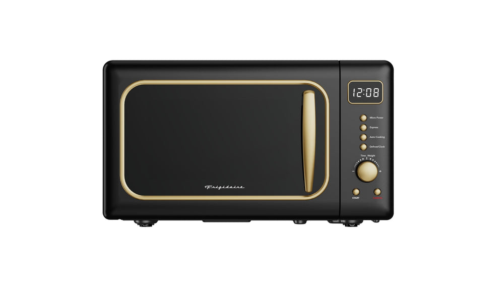Frigidaire microondas frontal EMW788 negro con puerta cerrada y aspecto retro, favorece estética