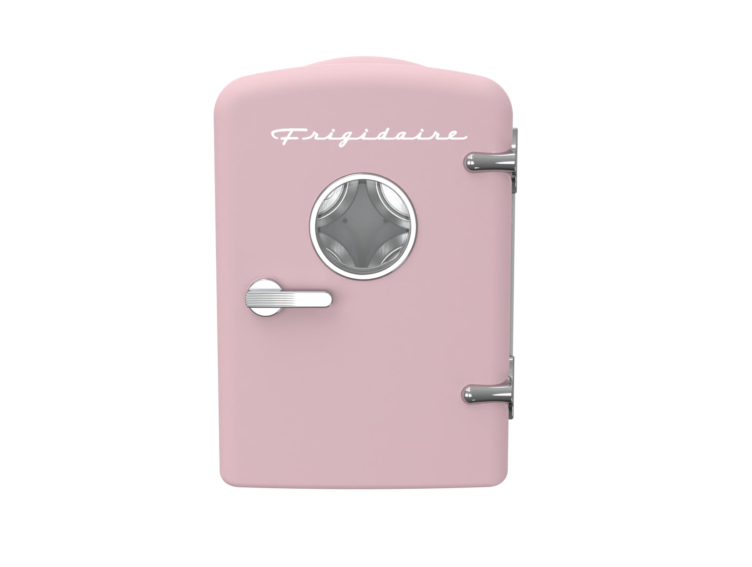 Frigidaire mini frigorífico rosa frente con diseño retro y ahorro de espacio