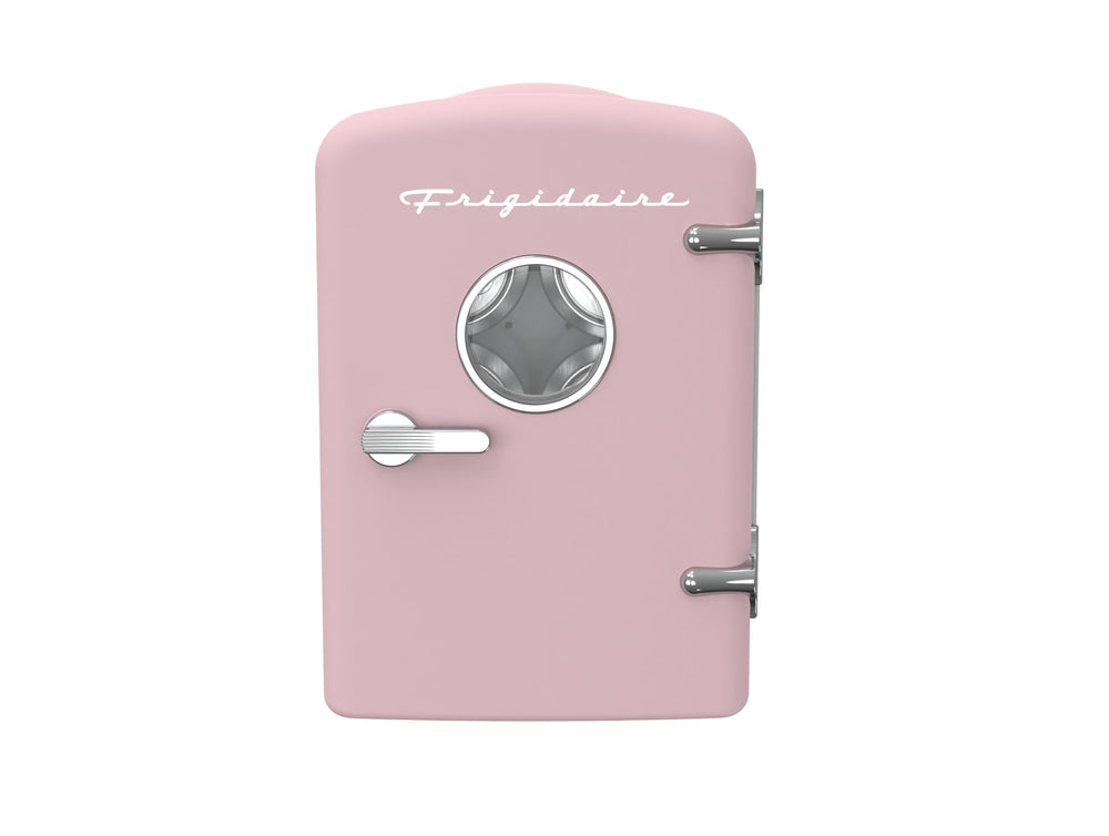 Frigidaire mini frigorífico rosa frente con diseño retro y ahorro de espacio