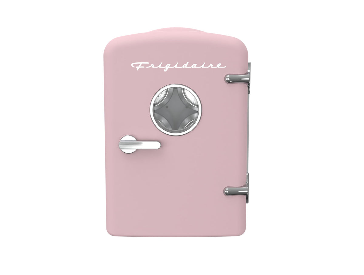Frigidaire mini frigorífico rosa frente con diseño retro y ahorro de espacio